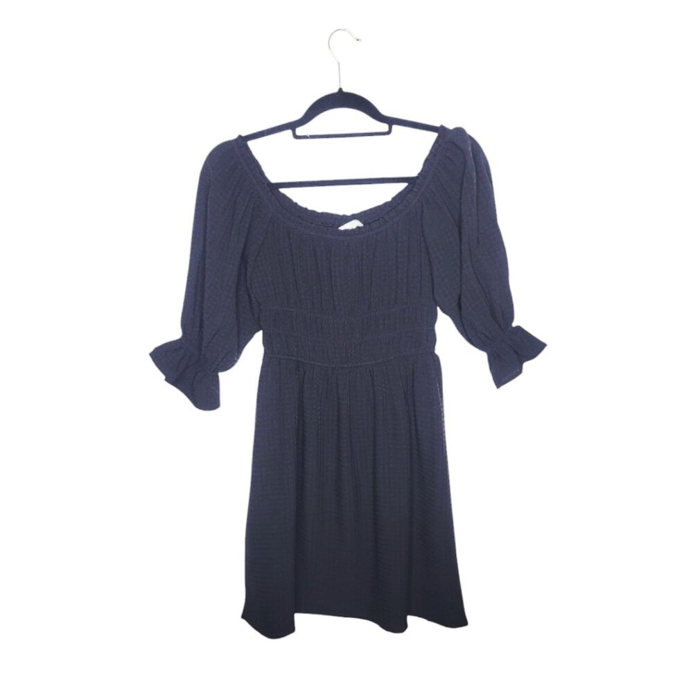 H&M Black Pull Over Smocked Puff Sleeves On/Off Shoulder  Dress Size XS #3292